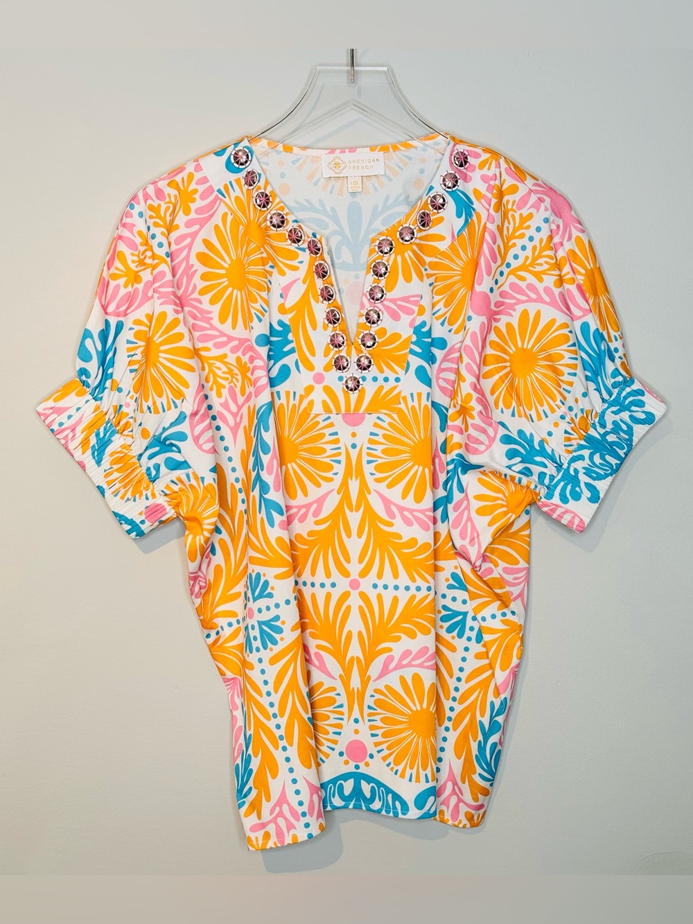 Sheridan French Orange Blue Pink Knit Popover Top Shirt Blouse - Picture 2 of 11